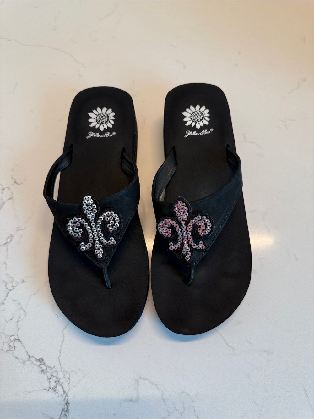 Yellow Box Black Sequin Fleur-de-Lis Toe-Post Sandals